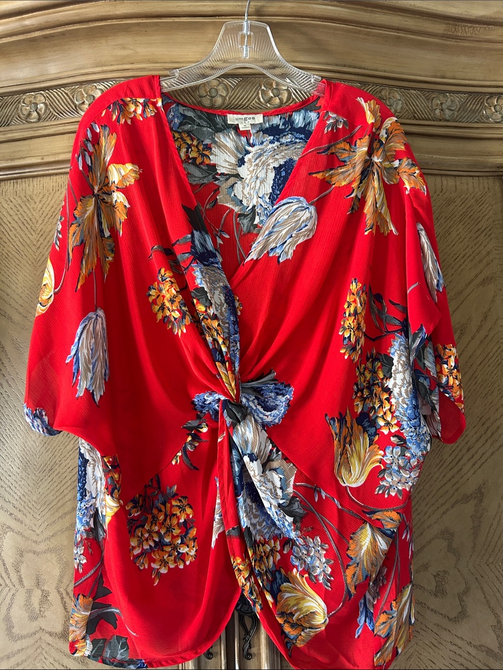 Umgee Red Floral Knot-Front V-Neck Tunic